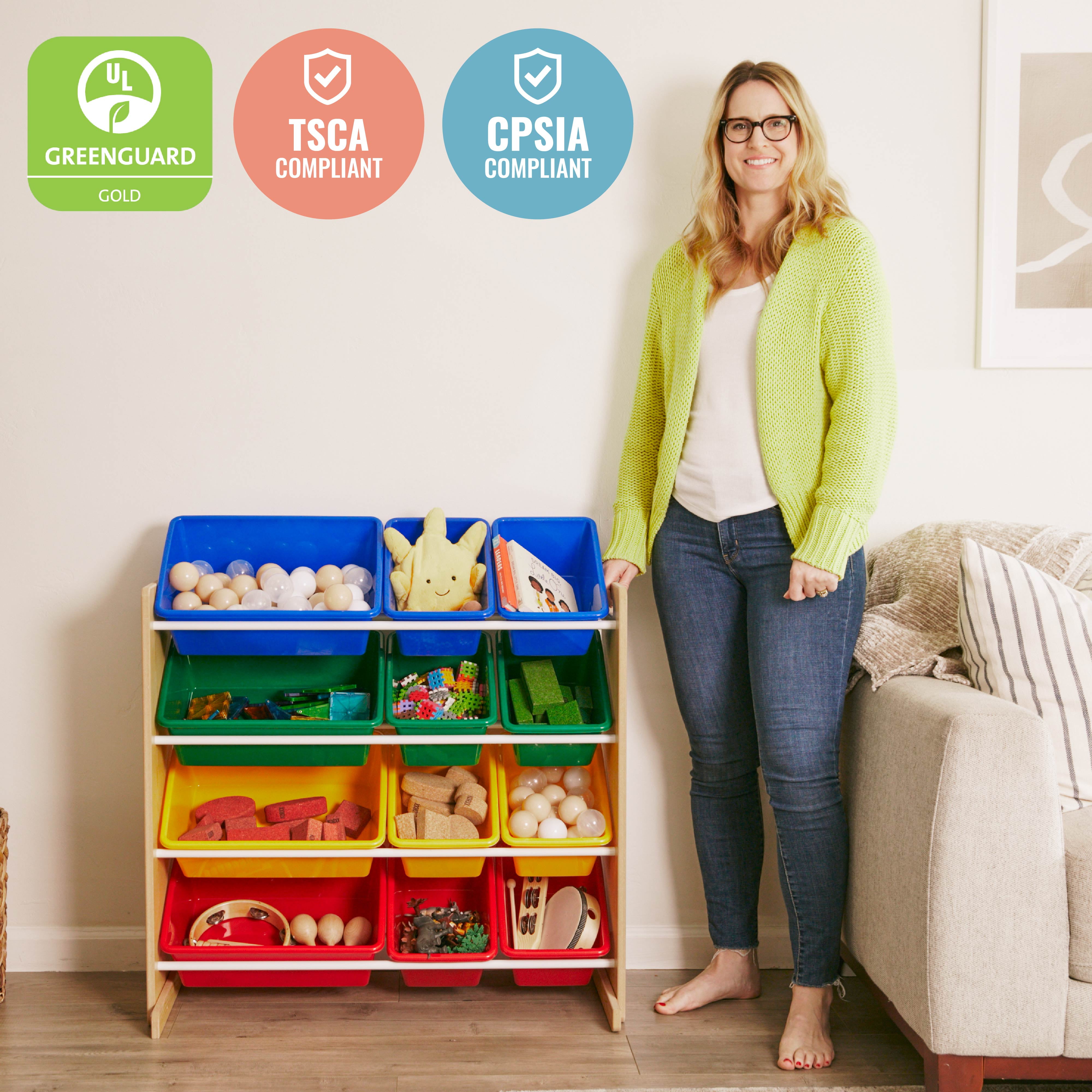ECR4Kids 4-Tier Organizer with 12 Removable Plastic Bins, 4x3, Toy Storage, Natural/Primary