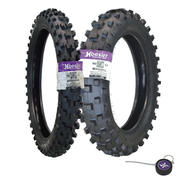 Hoosier Racing MX Tire Set: 70/100-17 MX30 Front & 90/100-14 IMX30 Rear Dirt Bike Tube-Type Tires for 85cc Big Wheel & Supermini Bikes with Hoosier Keychain