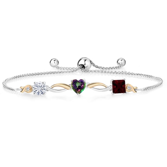 925 Silver and 10K Yellow Gold Near Colorless White Moissanite Green Mystic Topaz Red Garnet and Lab Grown Diamond Tennis Bracelet for Women By Keren Hanan (2.37 cttw, Adjustable up To 9 inch)