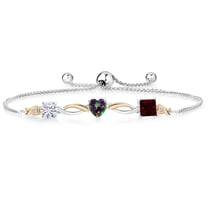 925 Silver and 10K Yellow Gold Near Colorless White Moissanite Green Mystic Topaz Red Garnet and Lab Grown Diamond Tennis Bracelet for Women By Keren Hanan (2.37 cttw, Adjustable up To 9 inch)