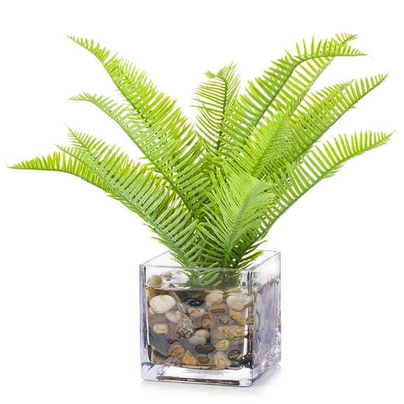 Enova Home Artificial Fern Leaves Faux Plant in Cube Glass Vase with River Stone Home Garden Office Decoration