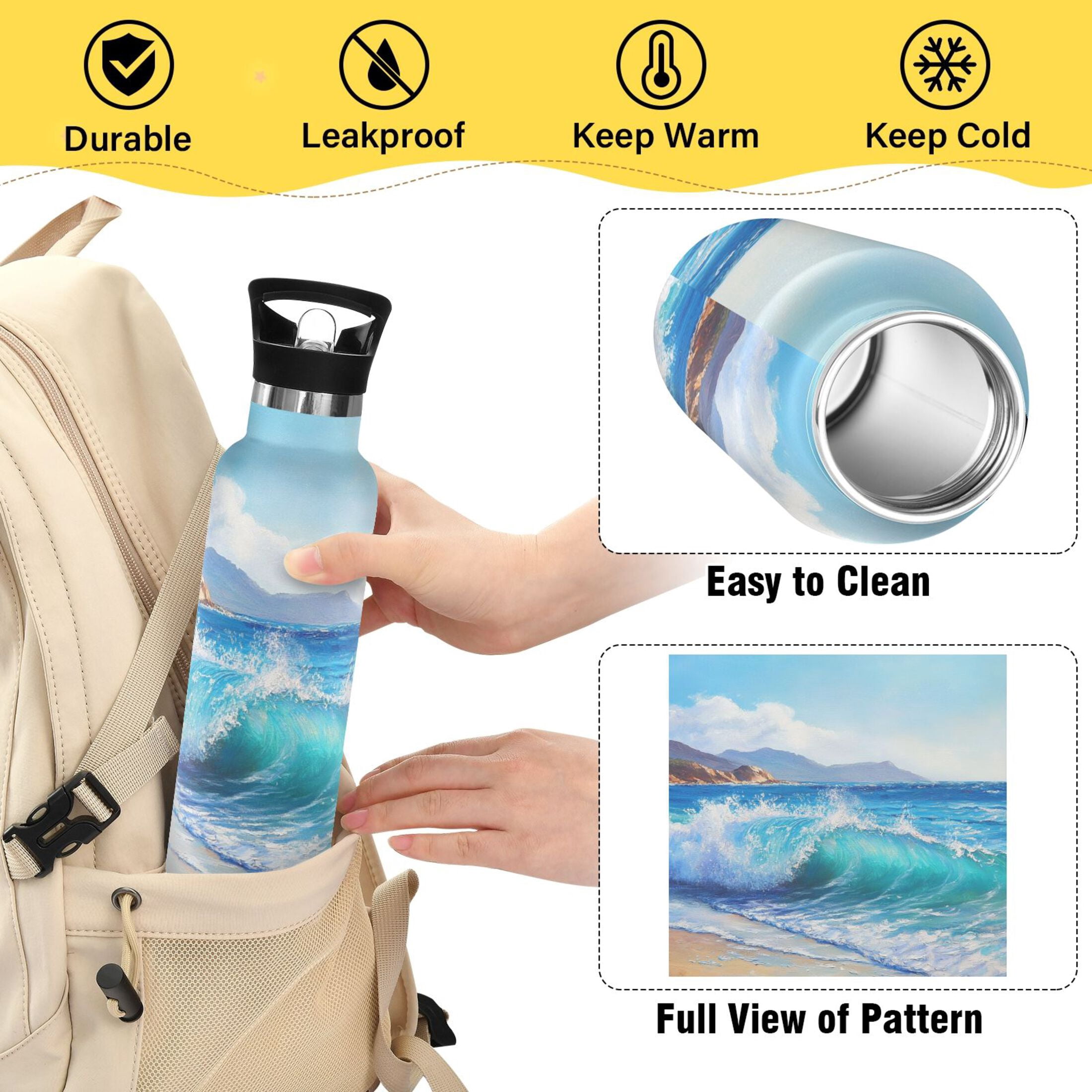 Kids Insulated Stainless Steel Sports Water Bottle 600ml (20oz) Ocean Waves