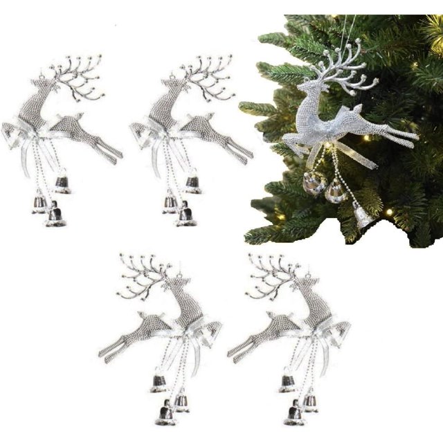 5 piezas de adorno de campanas de representación navideña, adorno de campana de Navidad de alce colgante con campanas, colgante de alce con cascabel rosado, colgante de árbol de Navidad (plata)