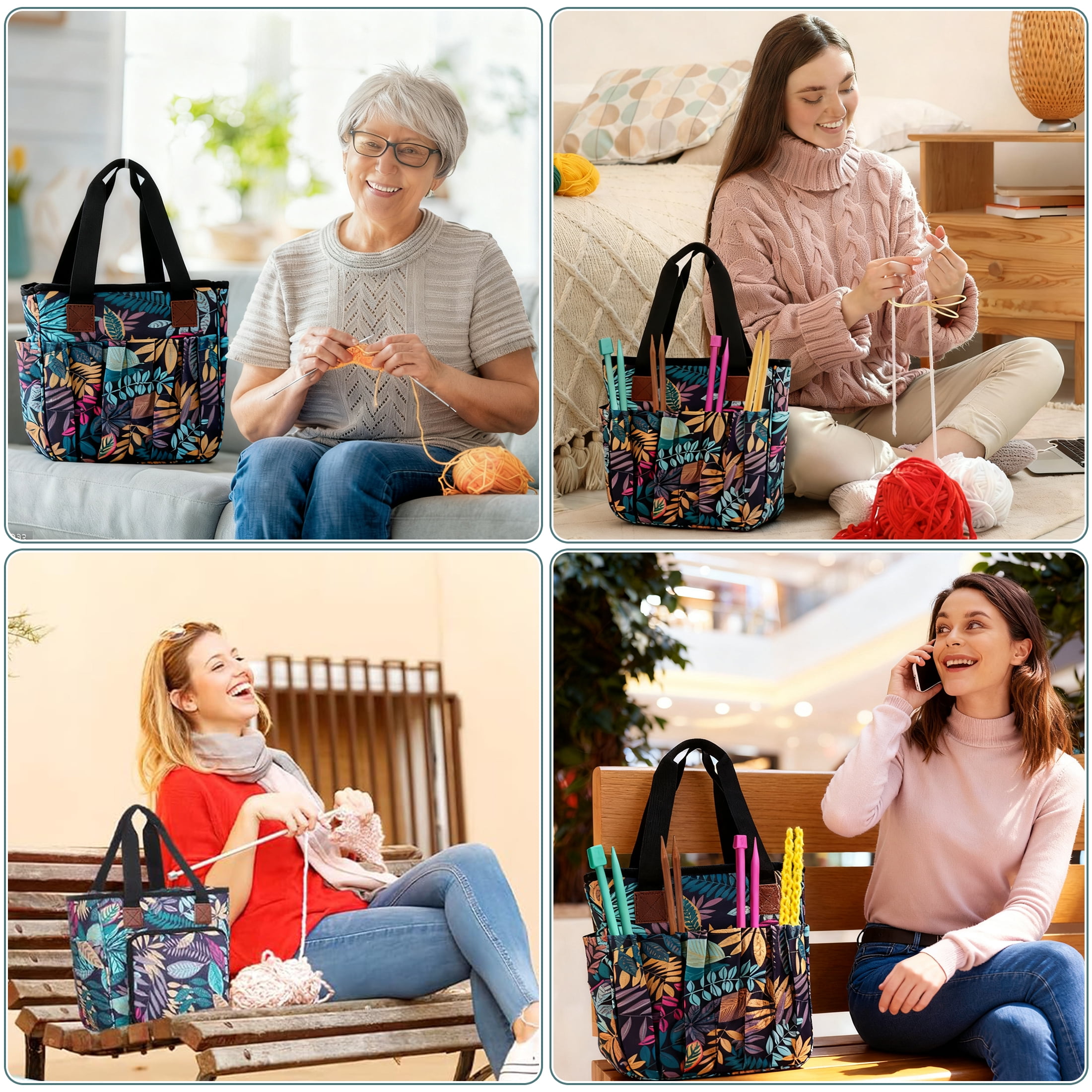 Fabulas Crochet Bag, Yarn Storage Organizer Knitting and Crochet Tote Bag, Portable Yarn Holder for Crocheting Projects, Yarn Bag for Crochet Accessories, Crochet Hooks, Yarn Balls, Blue