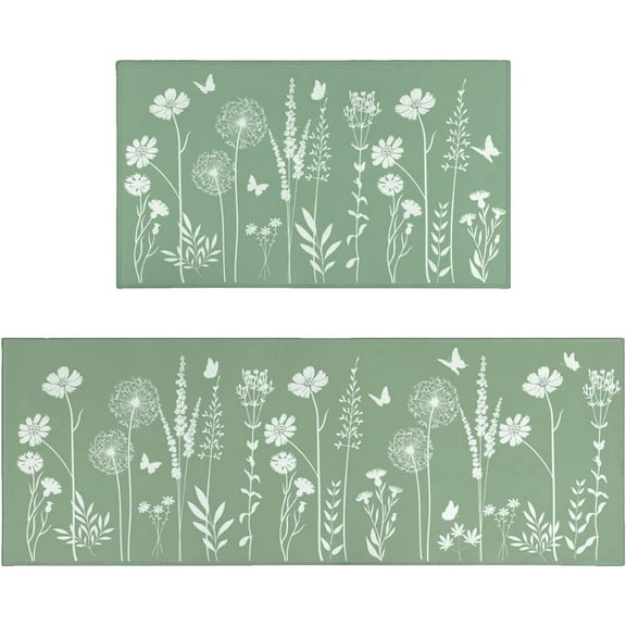 Sage Green Kitchen Mat Rug Set of 2- Plant Floral Butterfly Kitchen Rugs with Runner Kitchen Decor Accessories Things, Kitchen Rug Mat- Leaves Rugs for Home Kitchen Large- 17x30 and 17x47 Inch