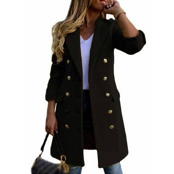 Women Fall Winter Wool Coats Double Breasted Midi Peacoat Trench Coats Black M