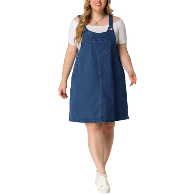 GRACE & GRANDEUR Robe Salopette Sans Manches pour Femme Grande Taille avec Poches, Midi Décontractée en Denim 1X Bleu Foncé