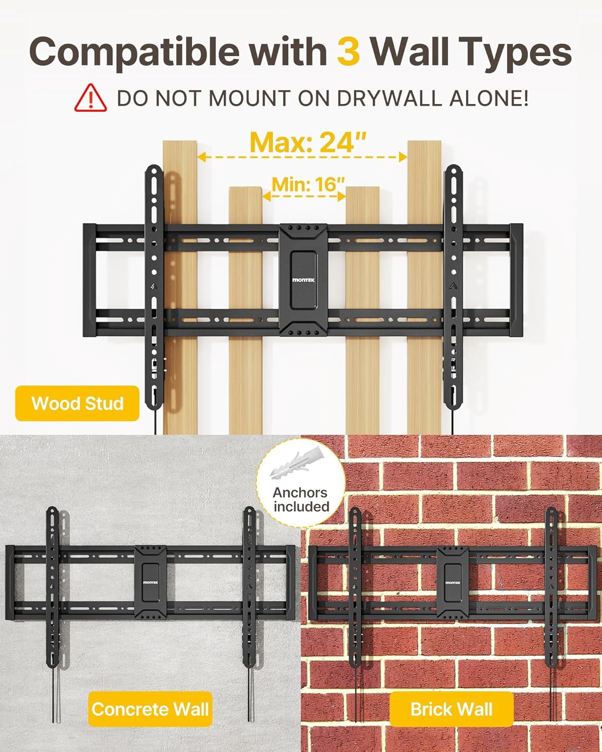 monTEK Heavy Duty Fixed TV Wall Mount for 43–95" TVs, 200 lb Capacity, 1.1" Ultra Slim Low Profile, VESA 200x200–800x400, Fits 16"/18"/24" Studs