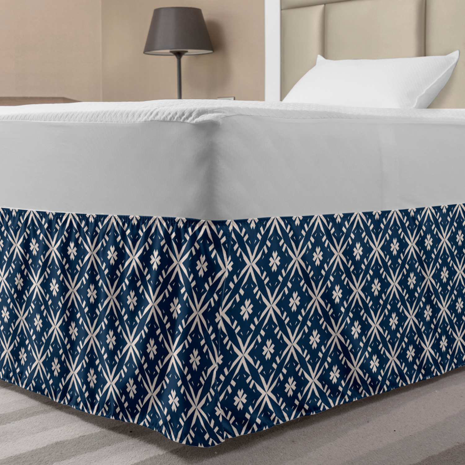 Navy Blue Bed Skirt, Monochromatic Geometrical Flower Star Net Inspired