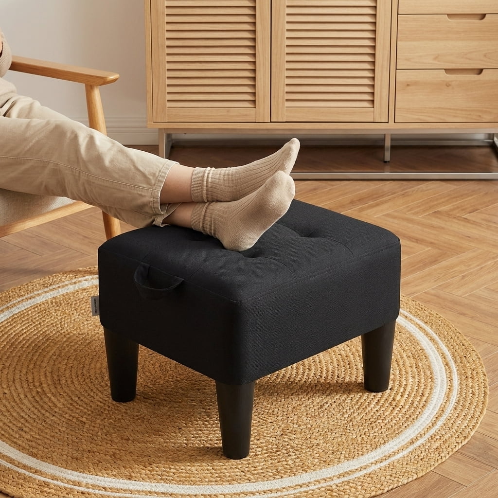 Ledrem Small Footstool Ottoman with Thick Cushion, Angled Legs, Hidden Storage Compartment, Ink Black