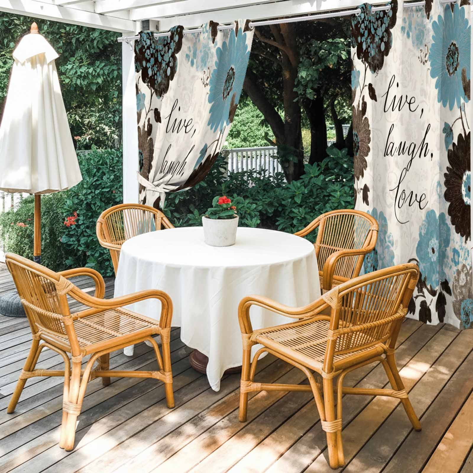 Blue Brown Flower Outdoor Curtains for Patio, Laugh Love Live Plant Farmhouse Sunshade Privacy Drapes Grommet Waterproof Outside Curtains for Porch/Cabana/Balcony 54"x 108", 1 Panel