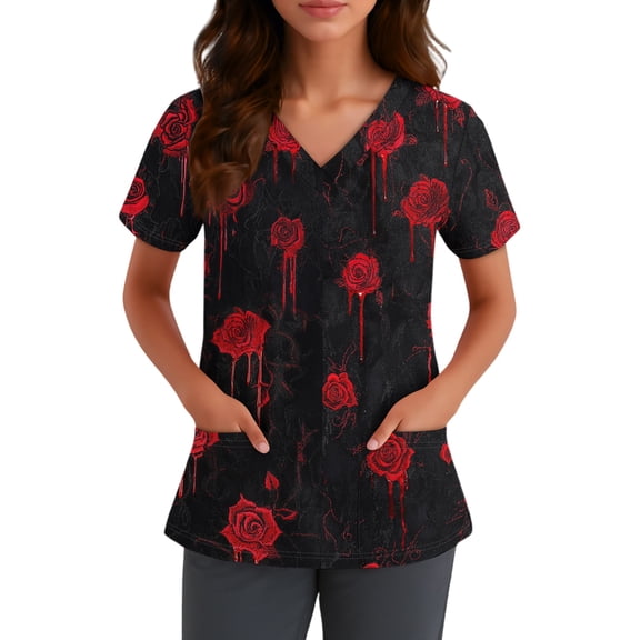 IYYVV Halloween Tops for Women Printed V Neck Nursing Scrubs Shirts Short Sleeve with Pocket Stretchy Uniforms Tops Red S