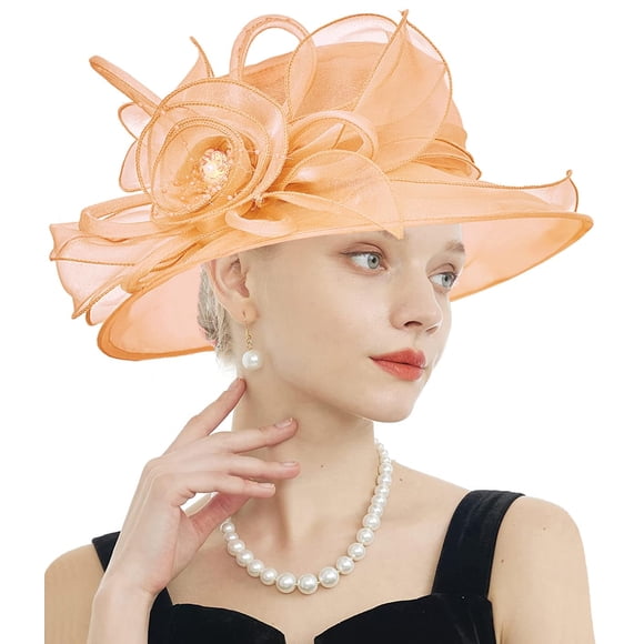 RZTA Sombrero de vestir de iglesia Kentucky Derby para mujer, ala ancha, flor de hoja, sombrero de despedida de soltera
