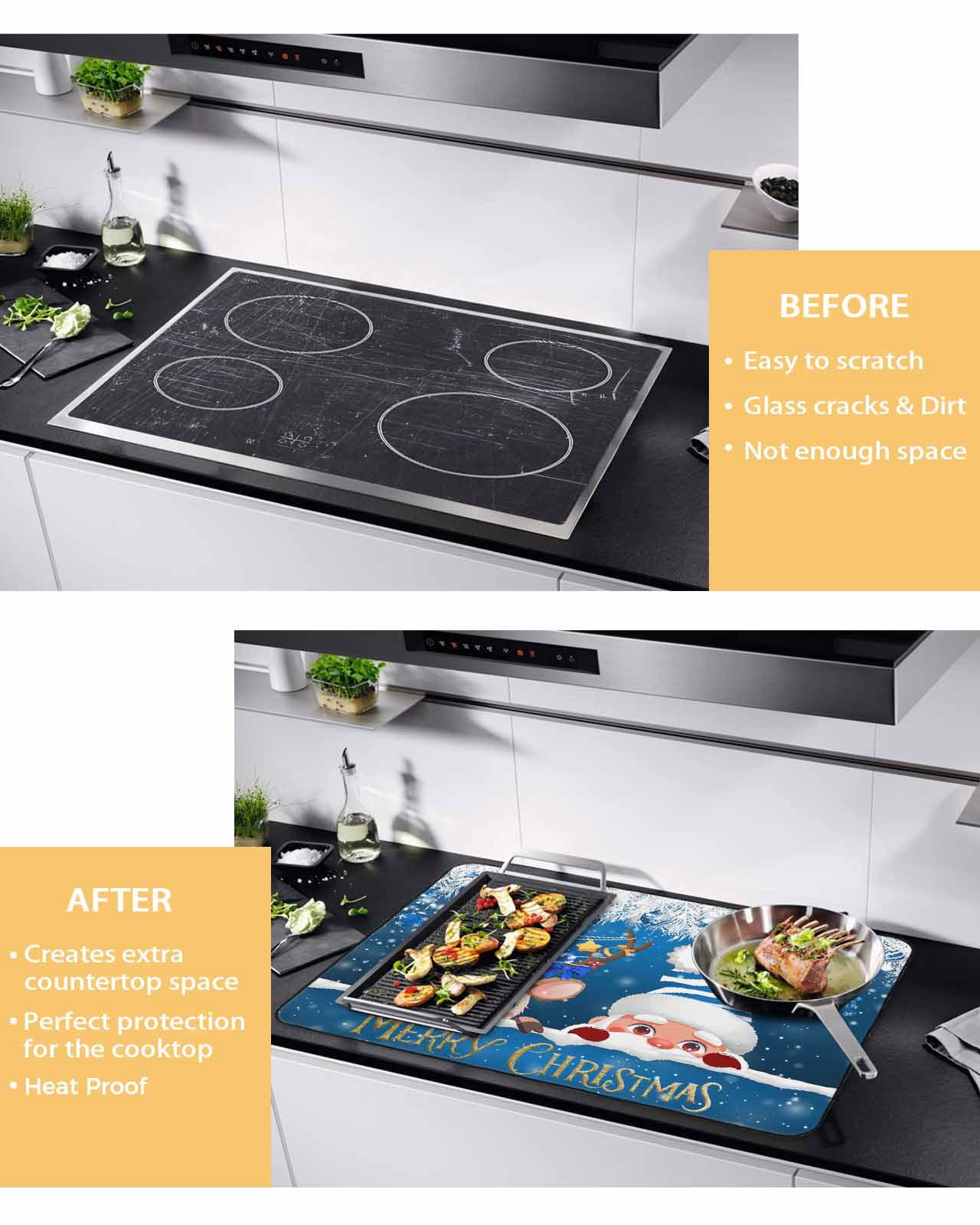Large Induction Cooktop Protector Mat Christmas Stove Top Covers for Electric Stove, Cute Santa Claus Reindeer Xmas Balls Snowy Navy Blue Decorative Stove Burner Cover Mats, Glass Top Stove Cover