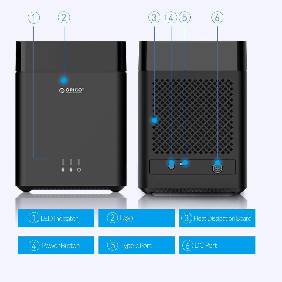 ORICO 2 Bay External Hard Drive Enclosure 3.5" HDD Enclosure up to 2*18TB 5Gbps USB 3.1 Type-C to Sata Hard Drive Docking Station USB C Hard Drive Case with 12V/4A Adapter