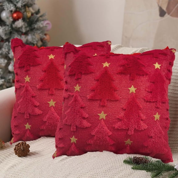 KSPEED Christmas Pillow Covers 18*18 inch Set of 2 Red Christmas Tree Star Pillow Cases Soft Plush Faux Fur for Holiday Winter Home Coach Sofa Decorations