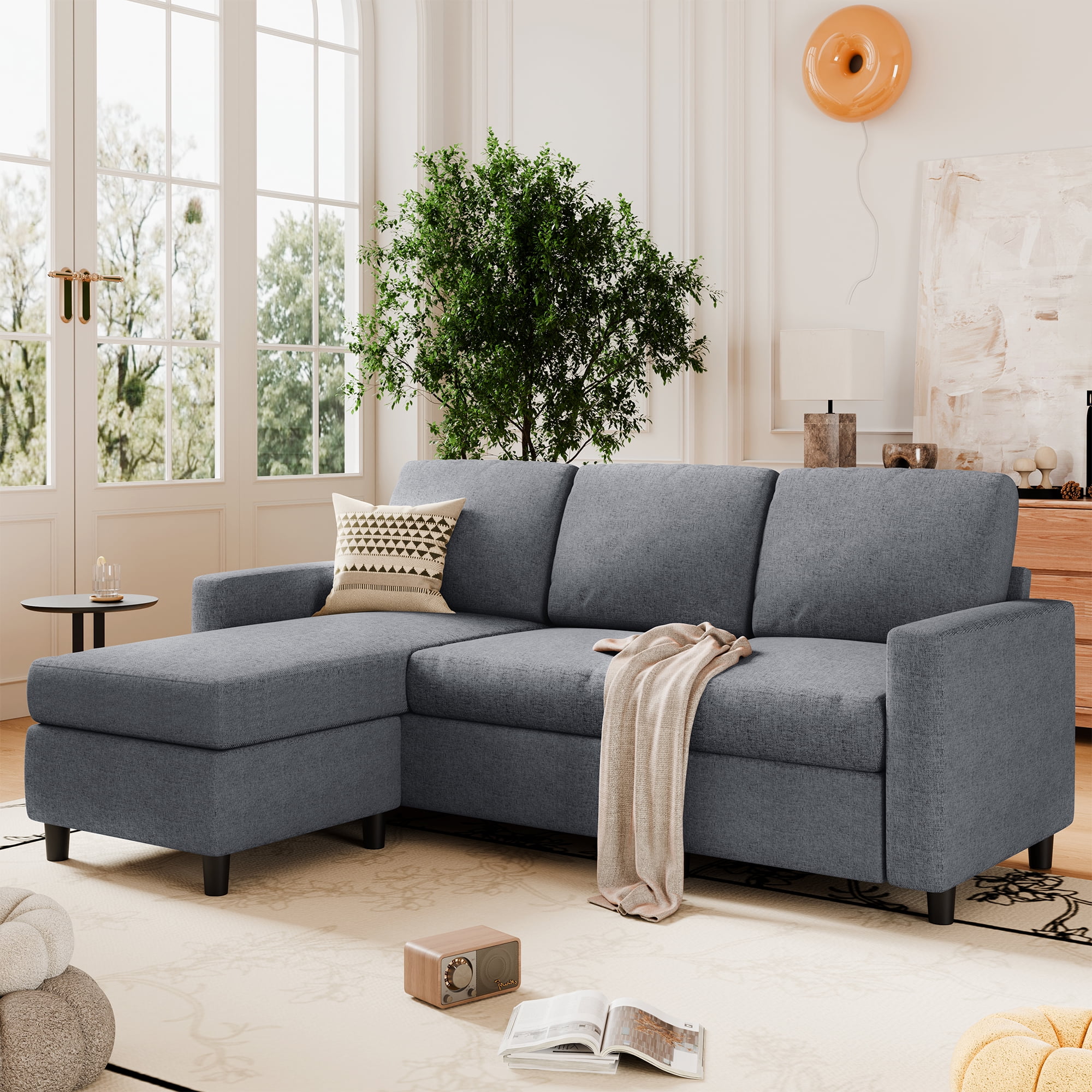 Walsunny 73.6" Convertible Sectional Sofa Couch, L-Shaped 3-Seat Sofa Couch with Reversible Chaise for Small Space,Dark Gray