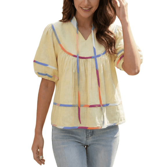 SOMER Women’s Short Sleeve V-Neck Peplum Blouse with Lantern Sleeves, Loose Fit, Color Trim, Summer Top