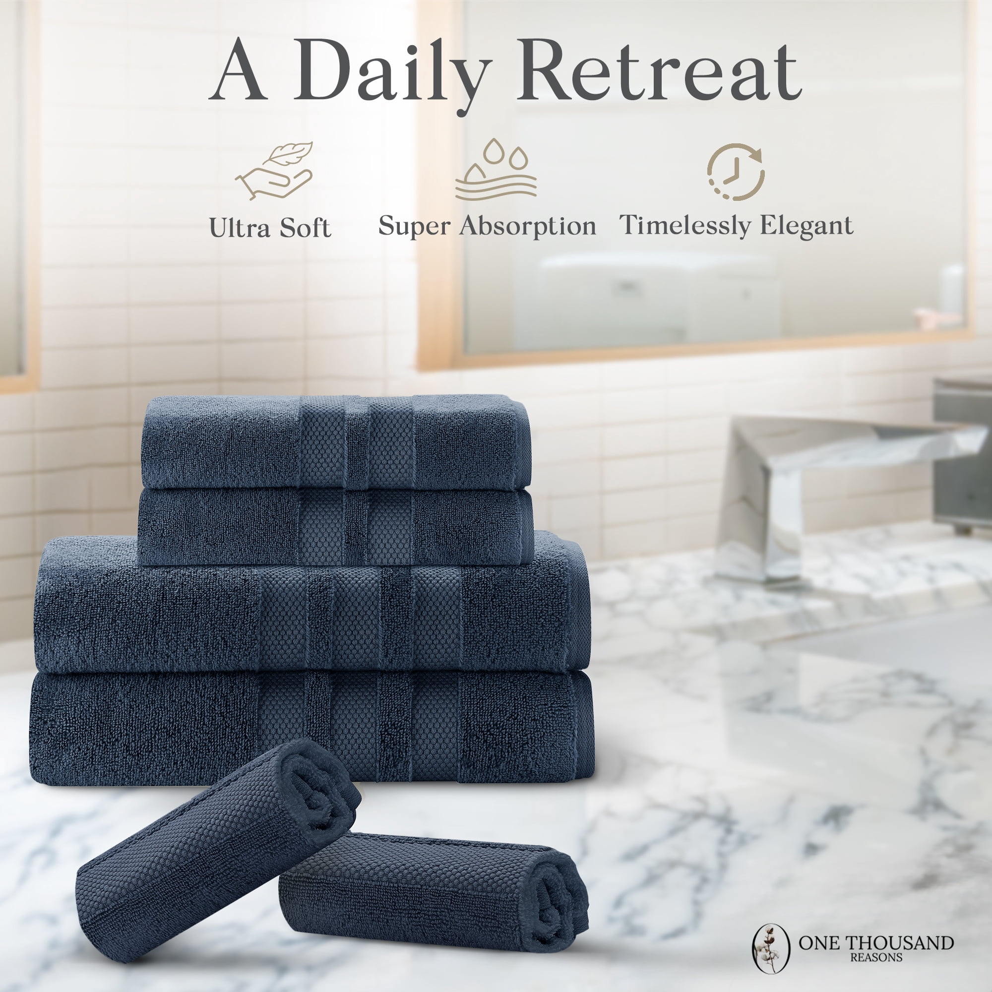 One Thousand Reasons Superior Zero Twist 3 Stripe Towel Set | Bath, Gym, Hand Towels | Luxury & Soft Cotton - Midnight (6 Pieces)