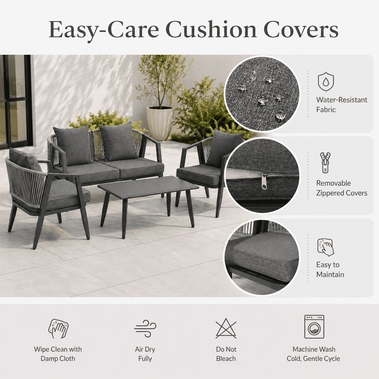 Patio Furniture Set on Sale, 4-Piece Outdoor Conversation Set with Thickened Cushions, Heavy-duty Iron Frame Sectional Sofa Set with Steel Coffee Table for Patio, Lawn, Garden, Balcony & Poolside
