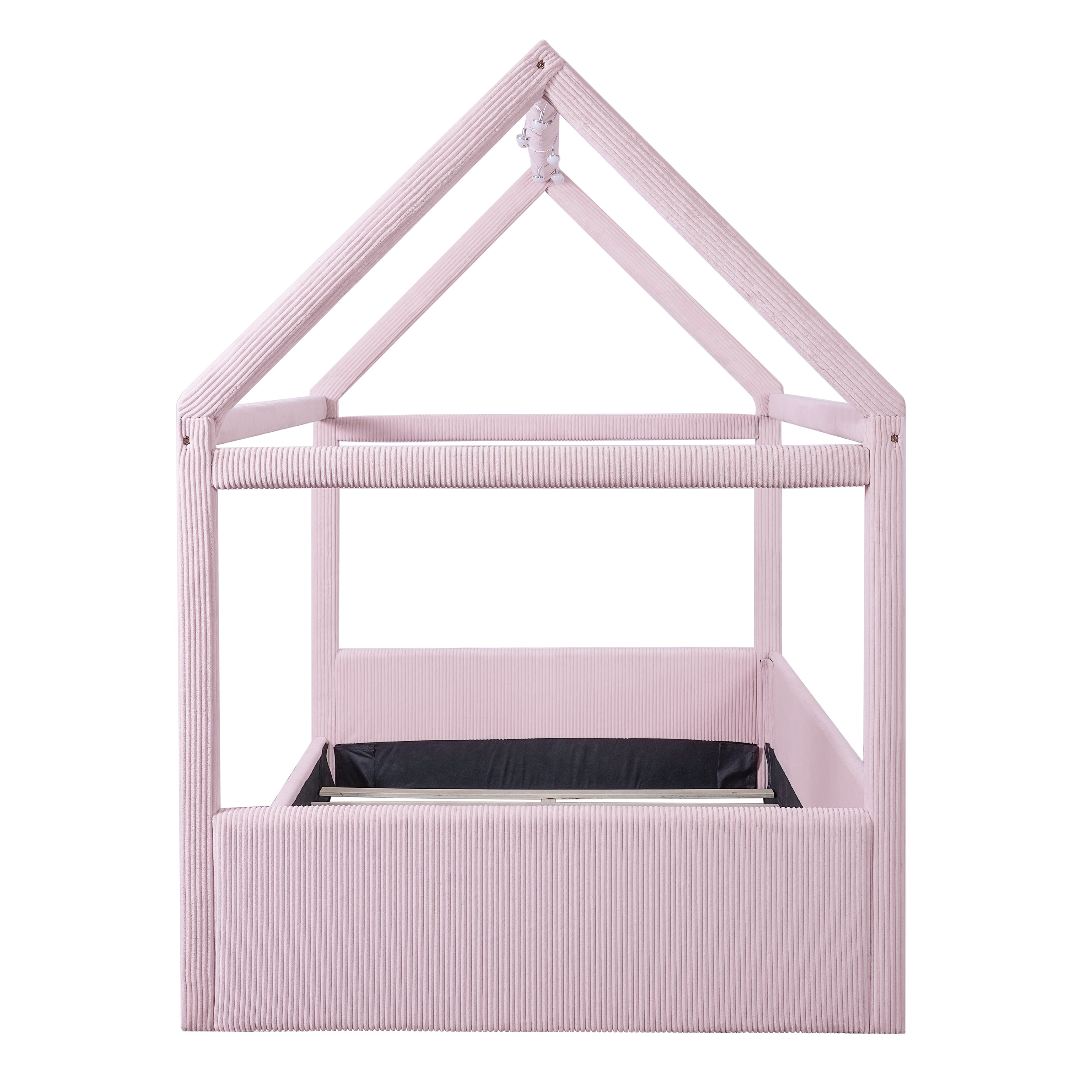 Euroco Upholstered Full Size Platform Bed, House Canopy Bed with LED Light Strip, Pink