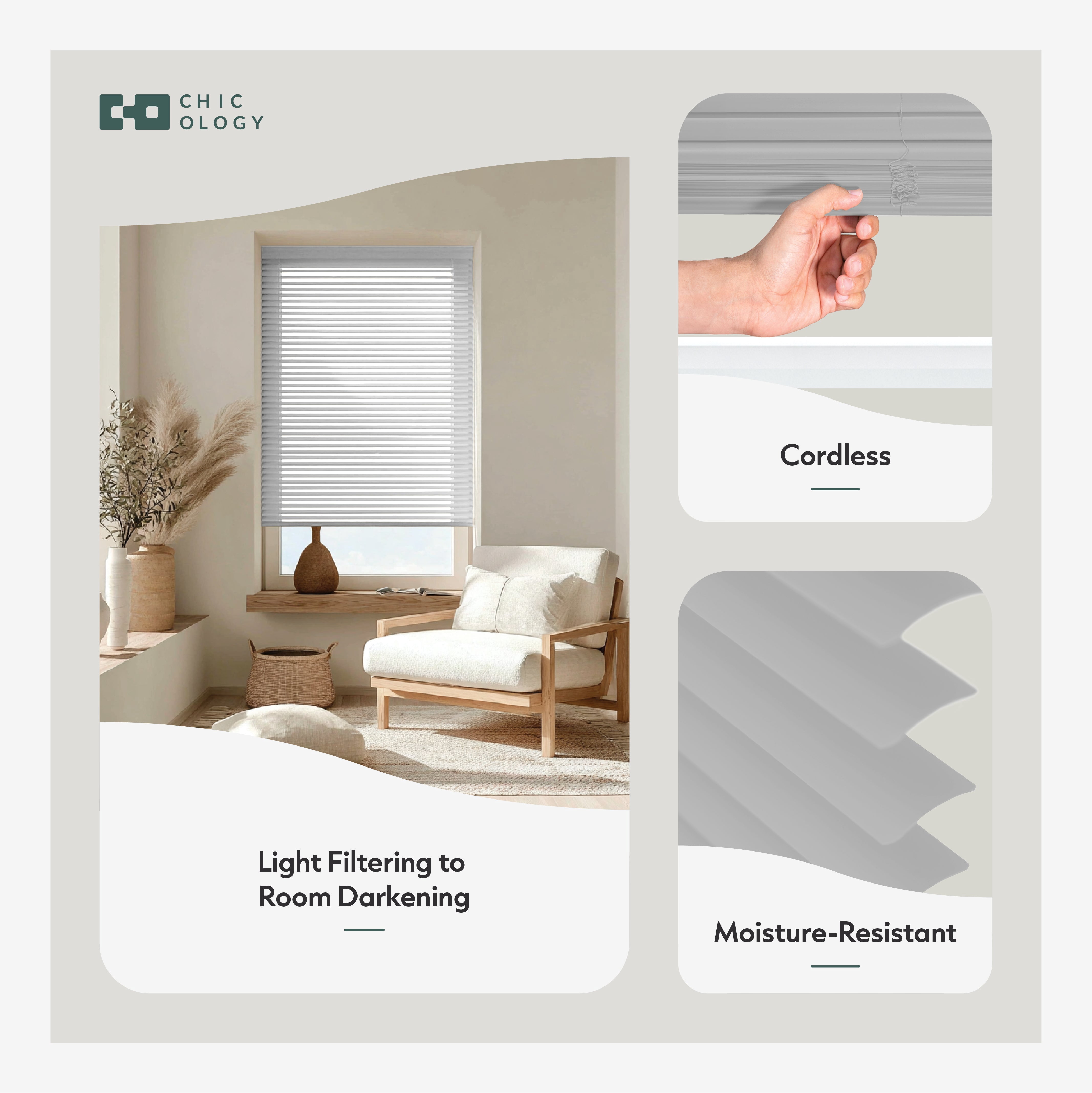 Chicology 16"W X 84"H Cordless Vinyl Mini Blinds 1 in Slats Light Filtering Gloss Grey Easy Install