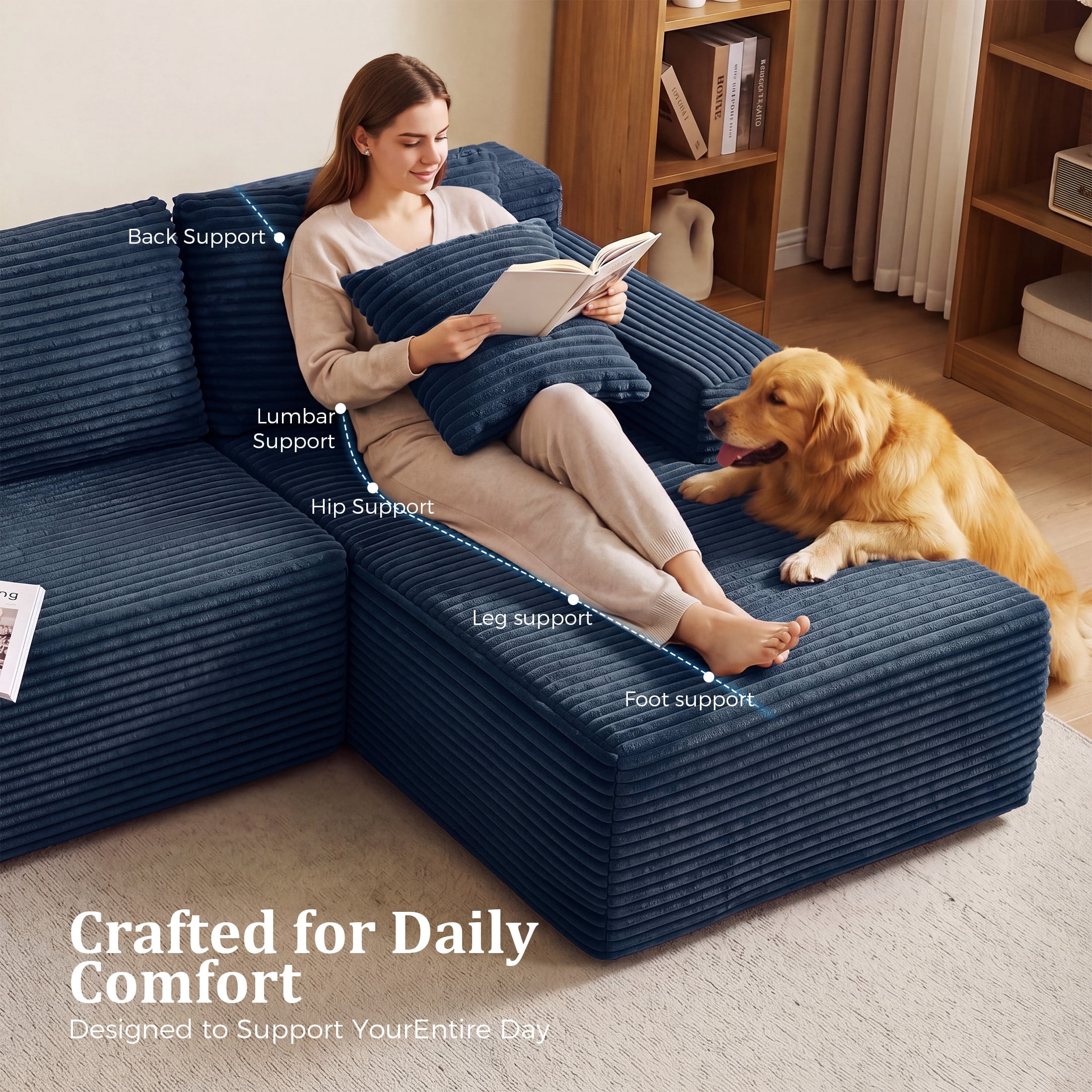 Aenkyo 95 Inch Corduroy L-Shaped Modular Sectional Sofa, Right Chaise, Blue