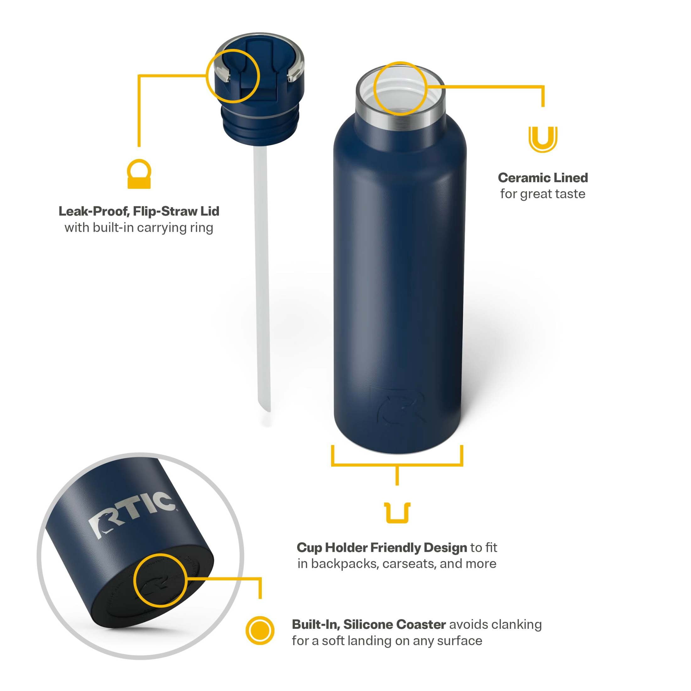 RTIC 20 oz Ceramic Lined Insulated Journey Water Bottle, Leak-Proof Lid, Navy
