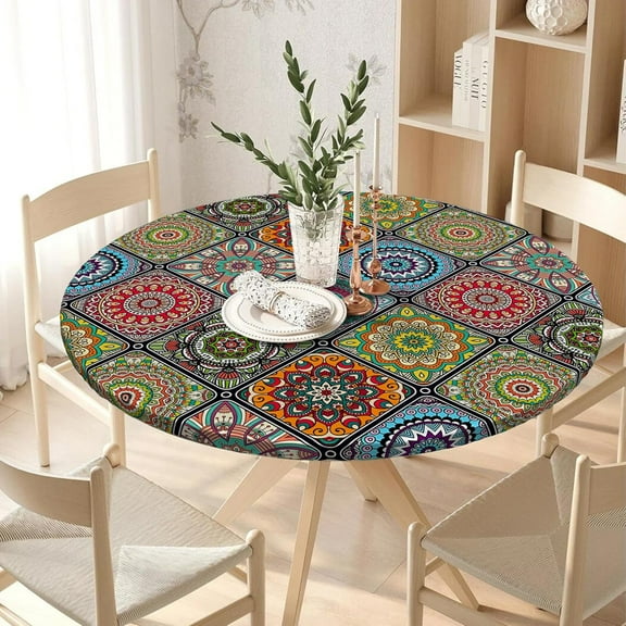 Elastic Round Tablecloth Fitted Washable Fitted Table Cover for Indoor and Outdoor Dining Table Cloth Protector,45"- 54"