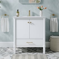 FORCLOVER 30" Bathroom Vanity with Sink, Solid Wood & Plywood Cabinet, Pure White 17mm Ceramic Countertop with cUPC Basin, 2 Soft-Close Doors & 1 Drawer, Brushed Gold Handles