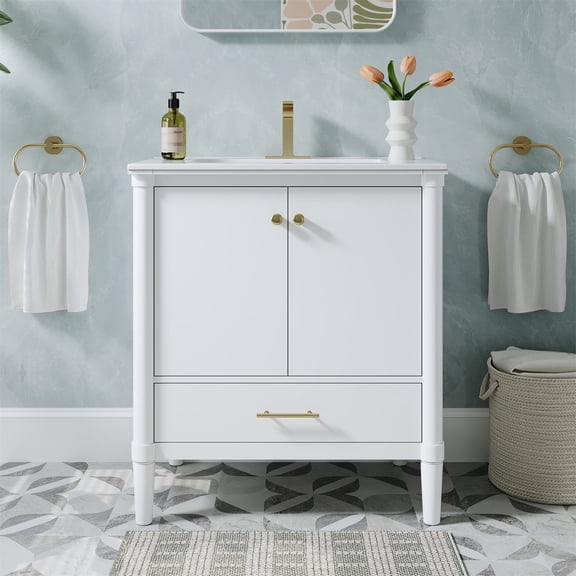 FORCLOVER 30" Bathroom Vanity with Sink, Solid Wood & Plywood Cabinet, Pure White 17mm Ceramic Countertop with cUPC Basin, 2 Soft-Close Doors & 1 Drawer, Brushed Gold Handles