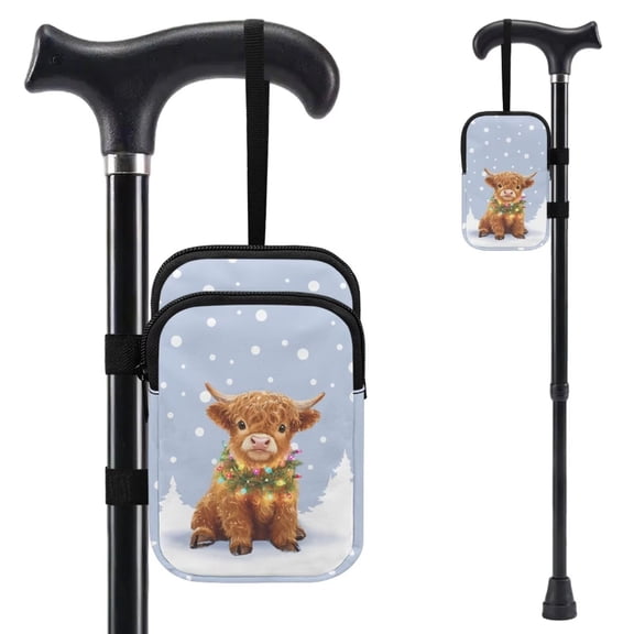 COEQINE Forearm Crutch Bag Walking Cane Accesories Highland Cow Snow Blue Elbow Crutch Storage Organizer, 2 Zippered Pockets, Lightweight, Hands-Free, for Adults & Seniors