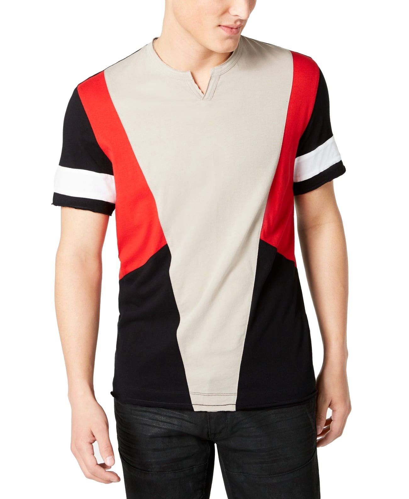 Inc Mens T Shirt Red Black Colorblock Raw Edge Split Neck Beige Xl Walmart Com