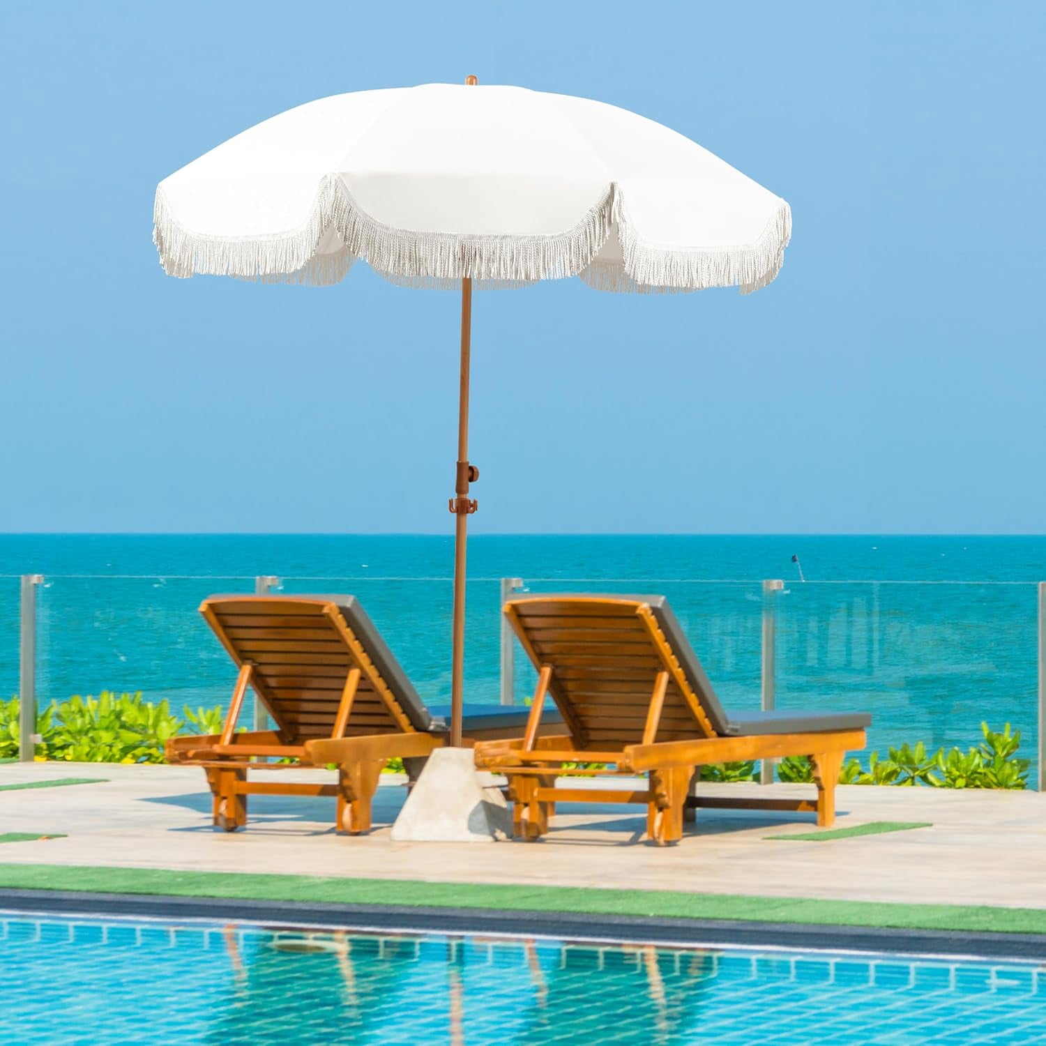 6.5ft Patio Umbrella with Fringe, Beach Umbrella, Fringe Umbrella Outdoor Patio with Hanging Hook, Tilting Aluminum Pole, UV 50+, Fiberglass Ribs, Elegant Cream