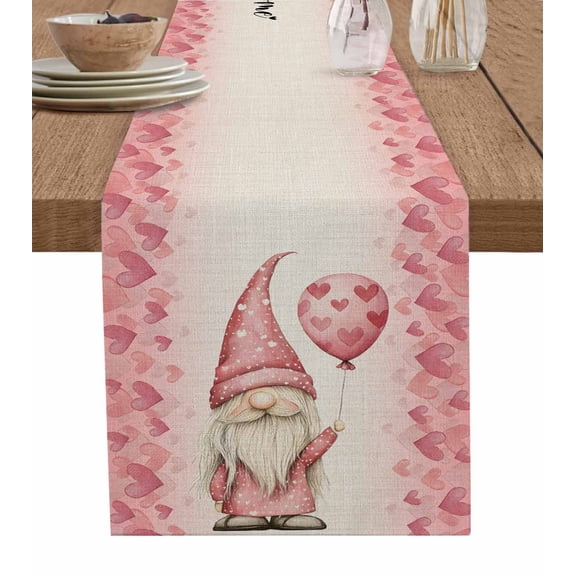 Ldtrchee Pink Valentines Table Runner 72 Inches, Welcome Pink Love Heart Gnomes Rustic Bed Runner Dresser Scarves Tabletop for Indoor Outdoor Parties/Ceremony/Banquet, 18" x 72"