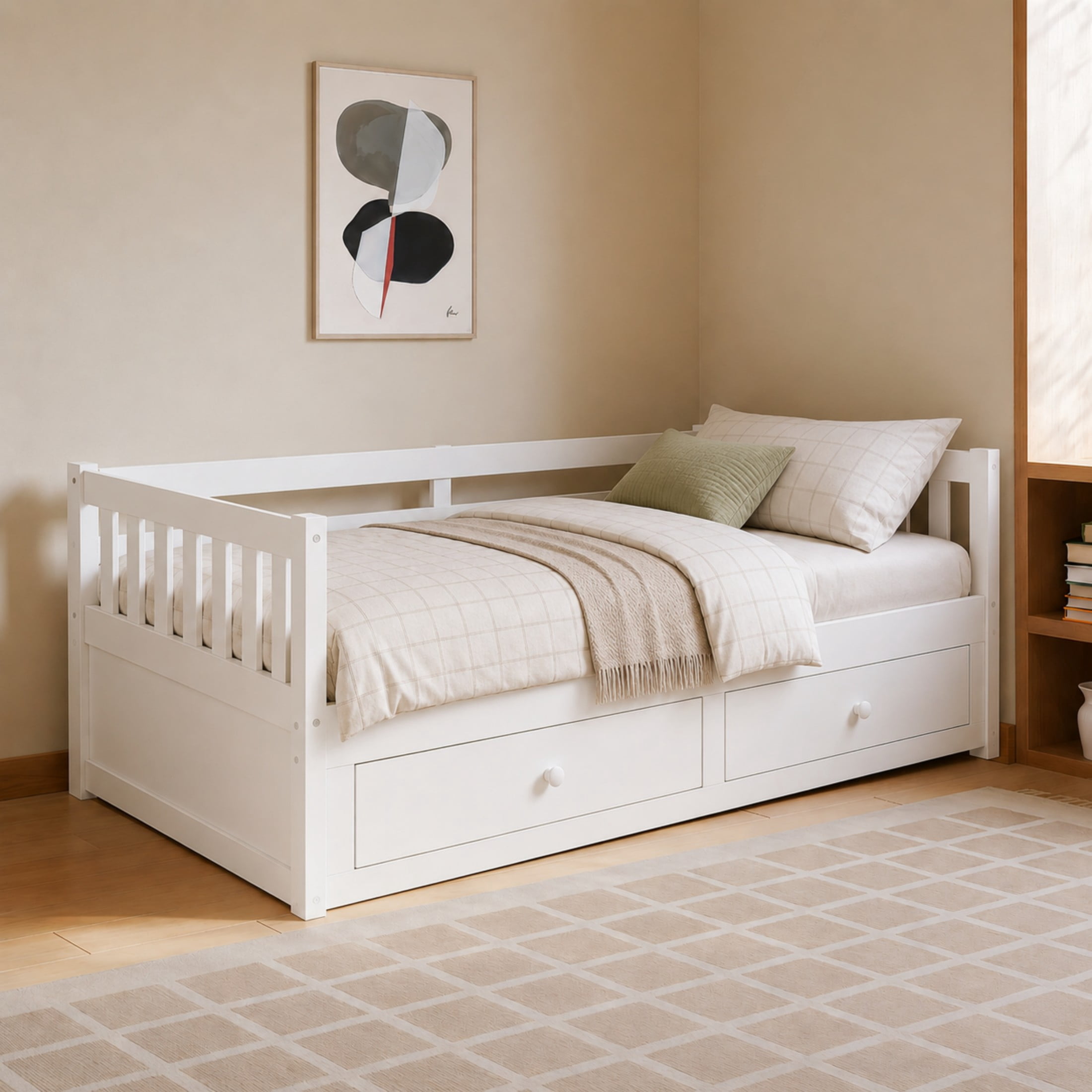 Noble House Twin to King Extendable Daybed with Pull-Out Trundle, 2 Drawers & Guardrails, White