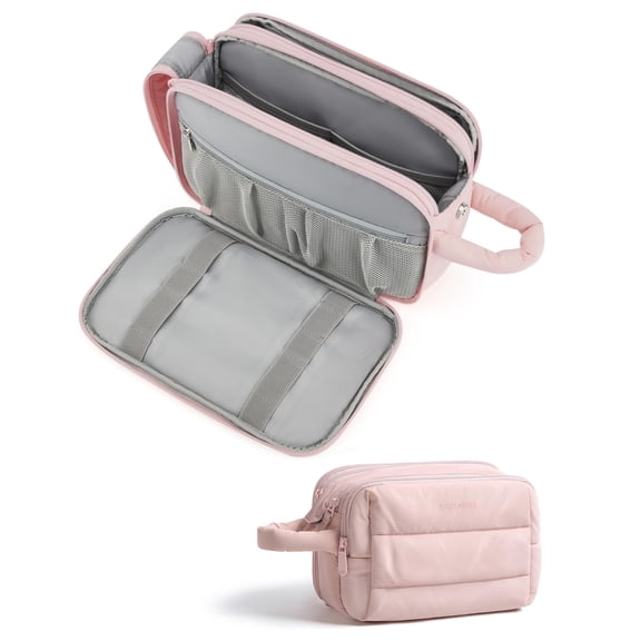 BAGSMART Travel Toiletry Bag for Women, Puffy Cosmetic Makeup Bag Organizer, Large Wide-open Travel Organizer for Toiletries, Dopp Kit Water-resistant Makeup Case for Accessories, Pink
