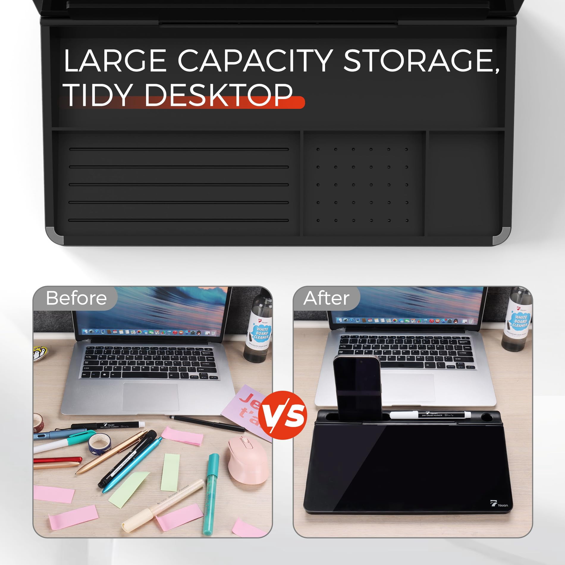 Small Compact Glass Desktop Whiteboard With Storage - 12 X 7 In Dry Erase Board For Desk  Home Office School | Includes 5 Markers Eraser & Holder Space-saving Organizer Aesthetic Black