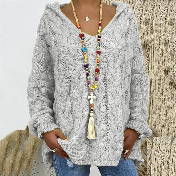CHGBMOK Oversized Sweaters for Women Loose Plus Size Solid Color Hood Long Sleeves Twist Sweater Tops