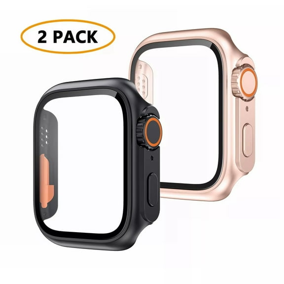 Dwitch 2 Pack Watch Case Compatible with Apple iWatch Series 9/8/7 45mm with Built-in Tempered Glass Screen Protector,Hard PC Ultra Style Bumper Cover Fits for iWatch Series 9/8/7 45mm,Black Rosegold