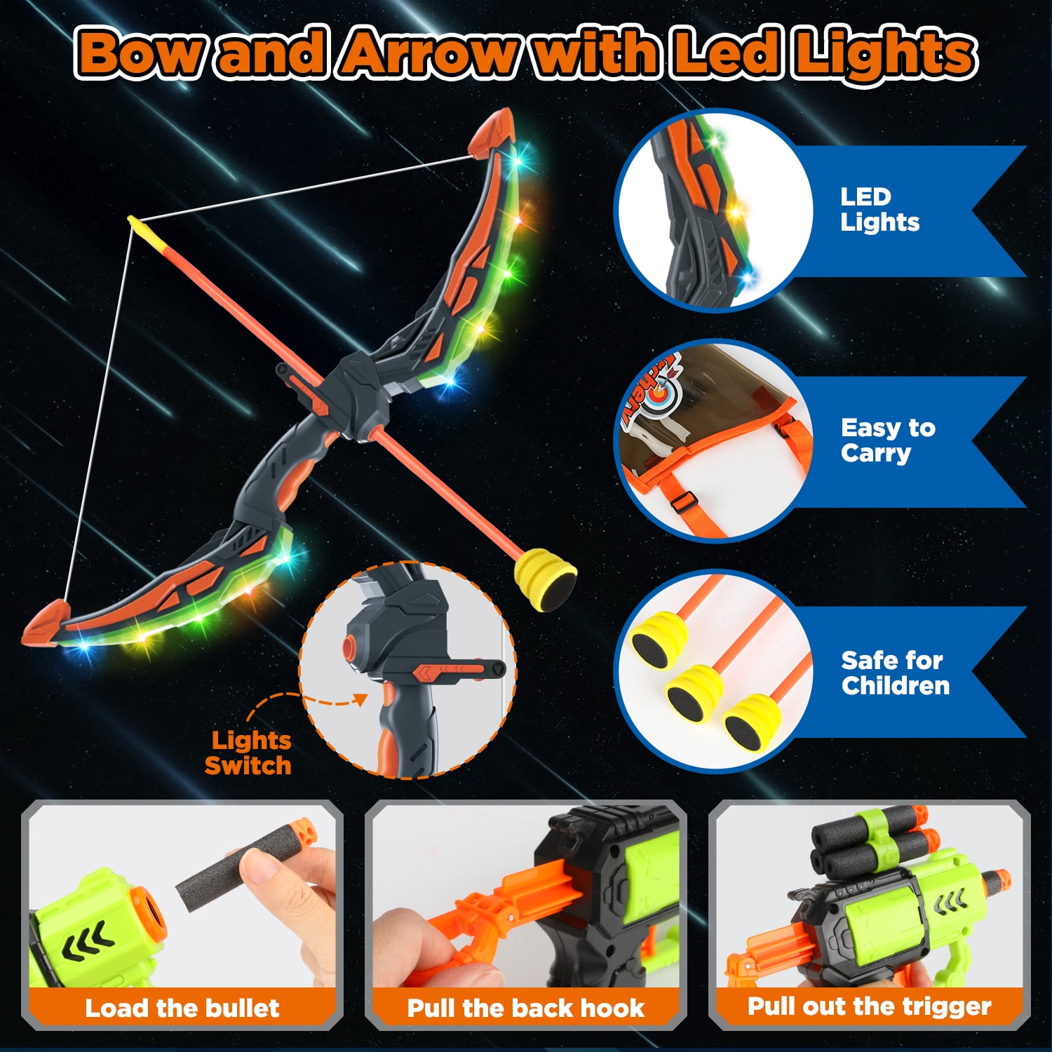 Carsky 5-in-1 Kids Bow and Arrow Set, LED Light-Up Bow, Avocado Target, Foam Dart Launcher & Sticky Arrows, Archery Toy Gift for Boys Girls Ages 4-12, Outdoor Indoor Shooting Playset