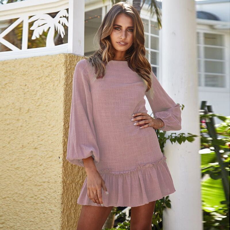 Women Casual Dress O-neck Lantern Long 