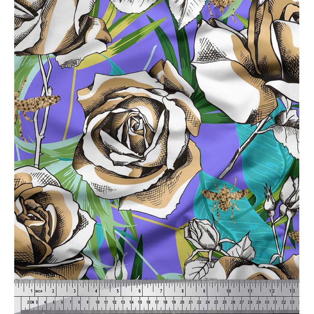 Soimoi Viscose Chiffon Fabric Leaves,Bee & Rose Flower Printed Fabric 1 Yard 42 Inch Wide