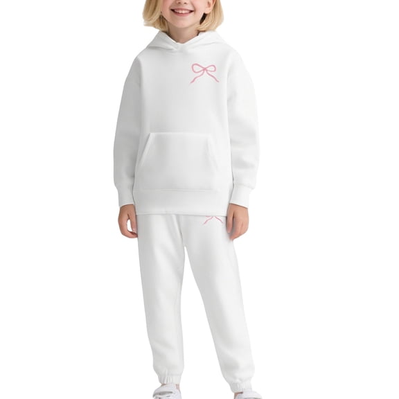 XIMIN Teen Girls 2 Piece Outfits Bow Print Cute Sweatsuit Hooded Long Sleeve Sweatshirt Joggers Sweatpants Activewear Pullover Trousers Trendy Set