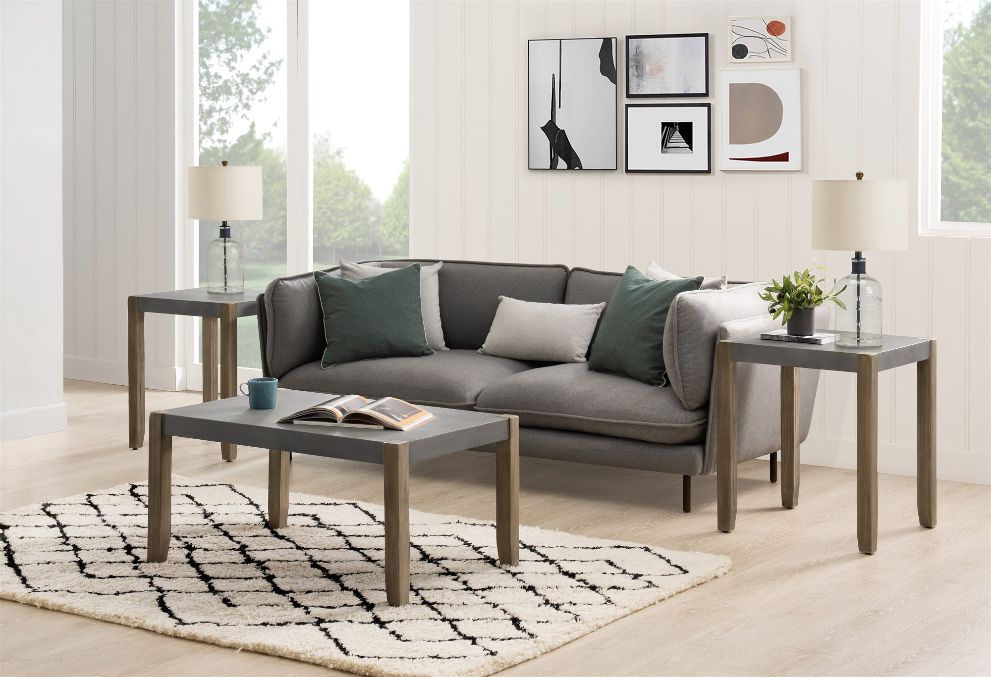 Alaterre Newport 3-Piece Faux Concrete and Wood 36"L Coffee Table with Two 21" Square End Tables