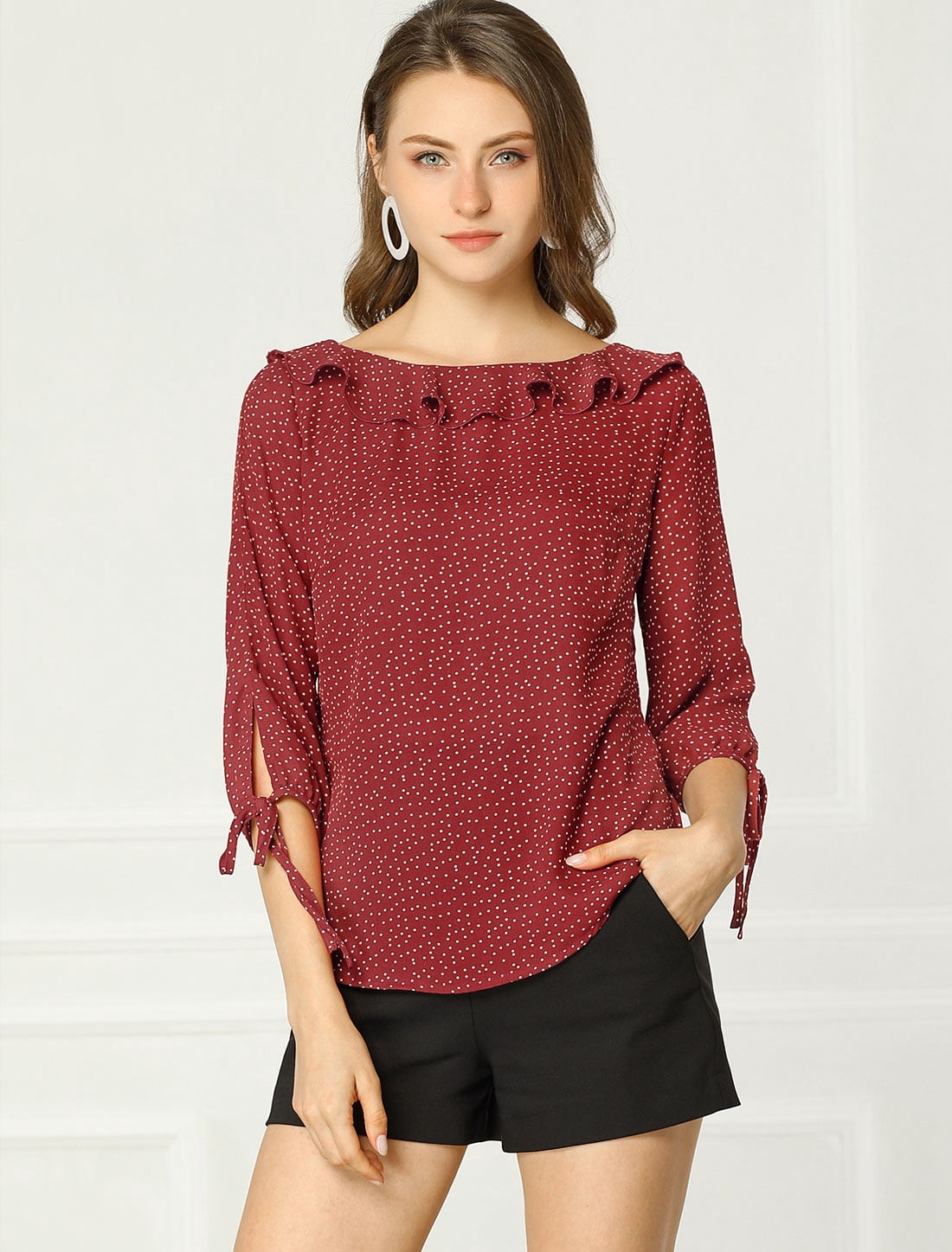 DARING DIVA Polka Dots Ruffled Neck 3/4 Sleeve Blouse Top 2XL Wine Red