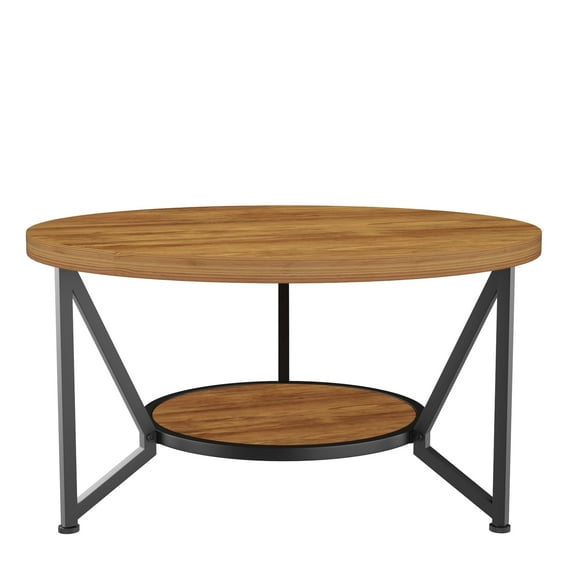 HOHYN Round Coffee Table, Tea Table, 31" Table for Family Room and Office Decor, 2-Tier Storage with Steel Frame, Space-Saving Wood Center Table, Modern Style Easy Assembly (Brown)