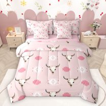 Homewish Retro Western Cowgirls 7-Piece Twin Bedding Sets,Bull Skull Bedding Comforter Set,Vintage Boho Aztec Sheet Sets For Girls Kids,Ultra Soft Home Decor Reversible