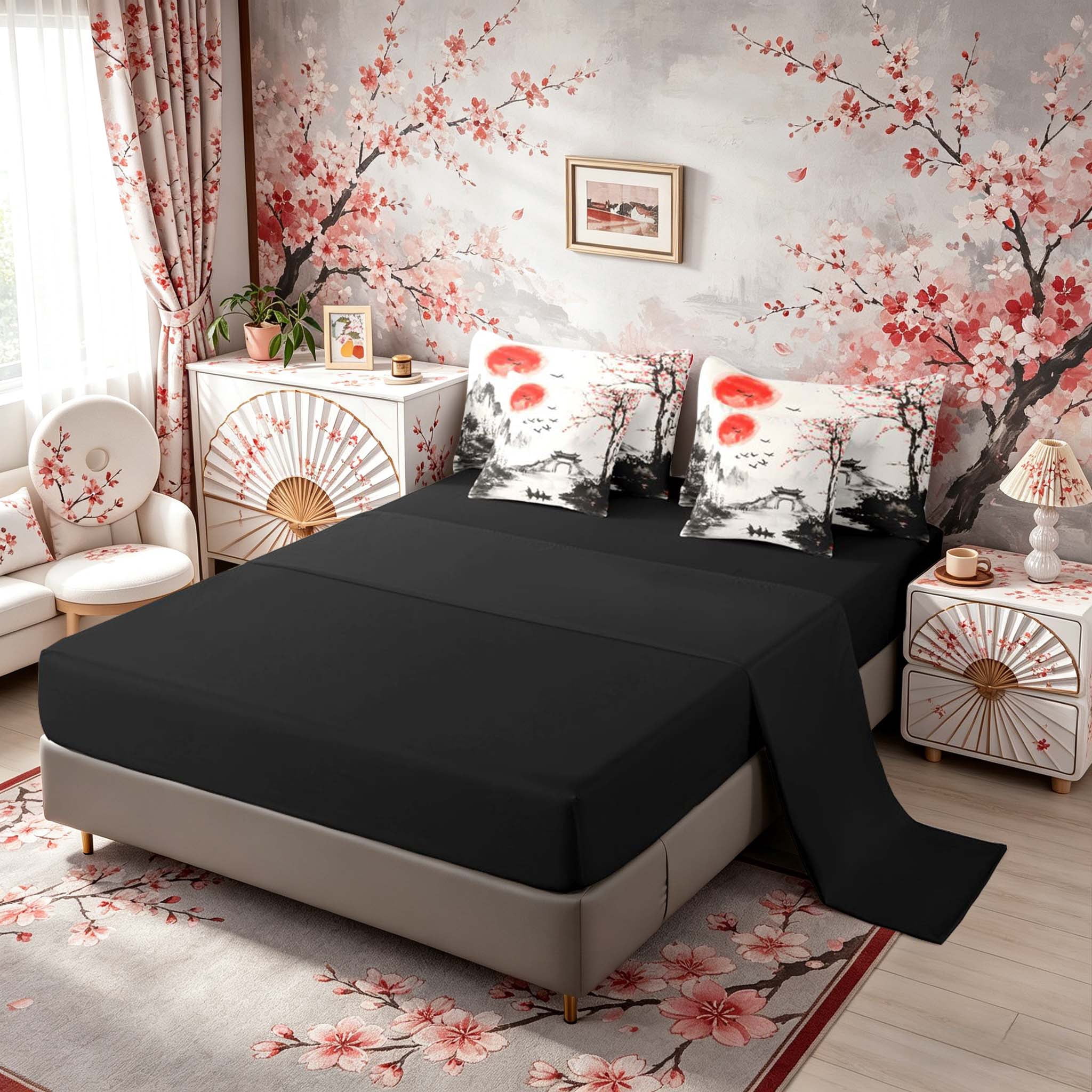 Manfei Ink Red Sun Boat Bedding Comforter Set for Girls Women, Plum Tree Queen Bedding Sets, Black Red White, Black Reversible7 Pieces