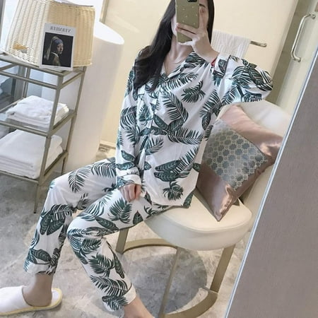 

[Big Clear!]Fashion Leaf Print Loose Casual Suit Home Service Button Cardigan Suit Pajamas Two-piece